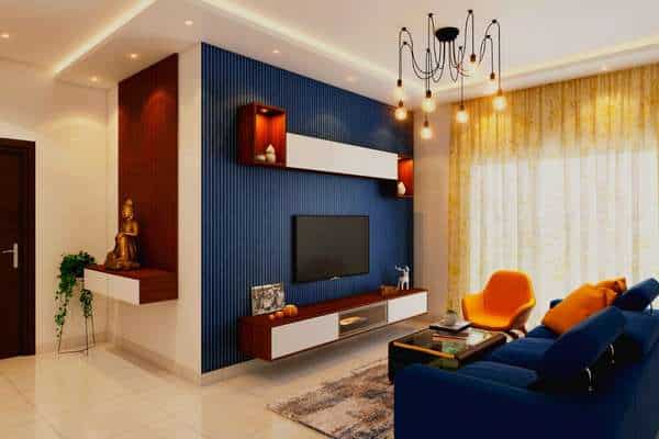 Blue Wall and Gold Curtain in living Room